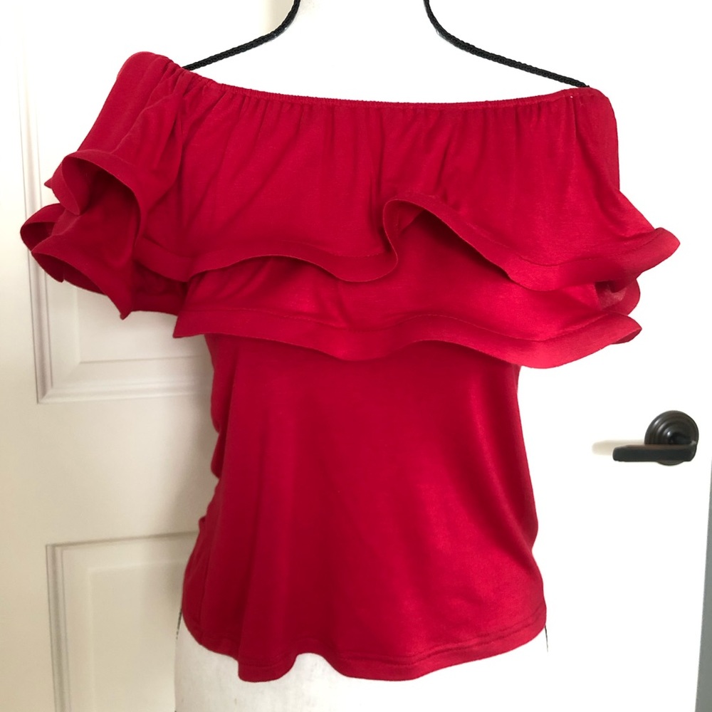 Red ruffles off the shoulder top